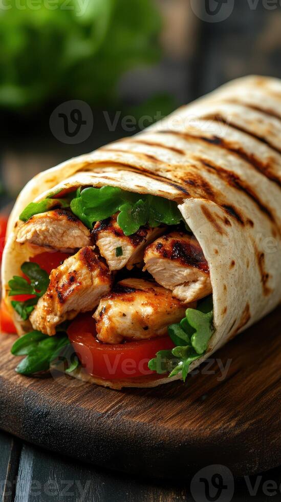 Grilled chicken wrap with fresh vegetables served on a wooden board photo