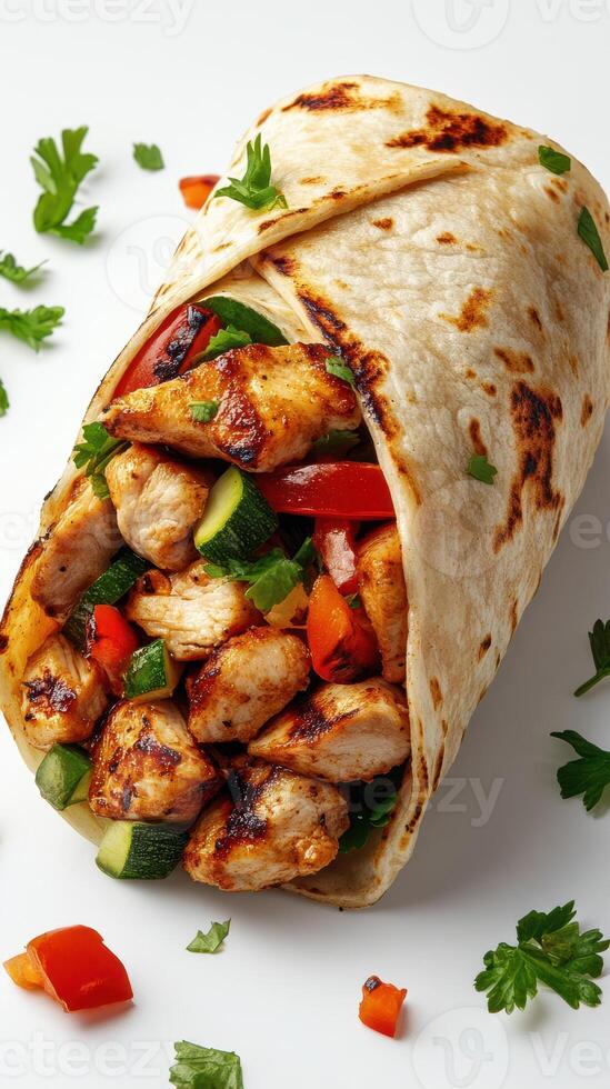 Grilled chicken wrap filled with fresh vegetables and herbs prepared in a clean kitchen photo