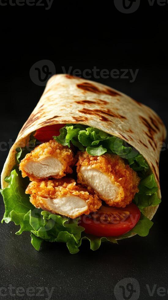Delicious crispy chicken wrap filled with fresh lettuce and tomatoes on a black background photo