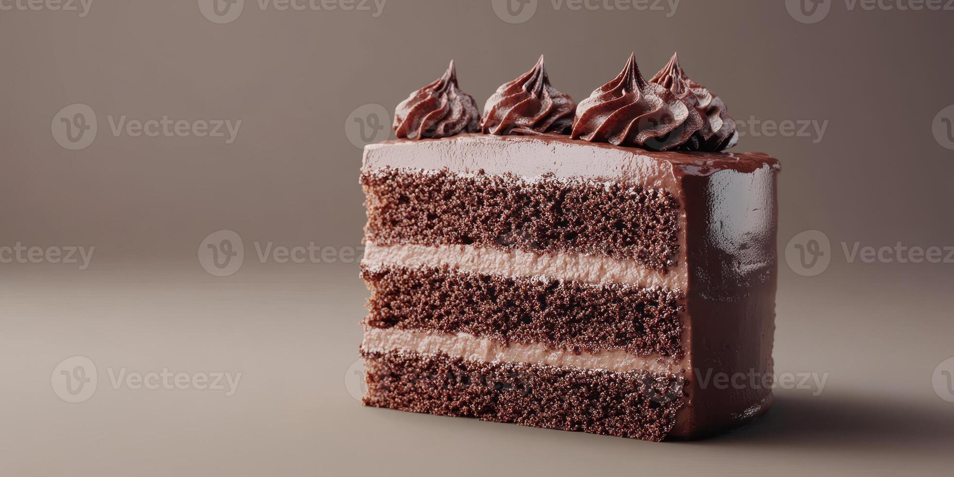 Decadent chocolate cake slice with rich frosting displayed on a neutral background photo