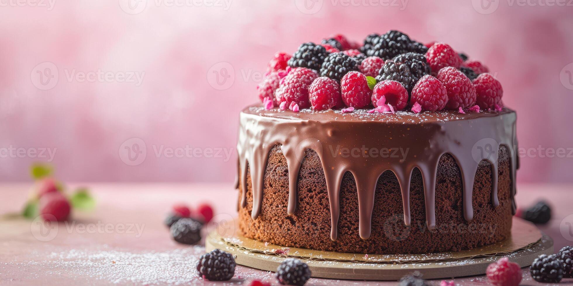 Delicious chocolate cake topped with fresh blackberries and raspberries in a bright setting photo