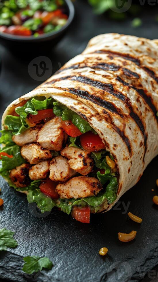 Grilled chicken wrap filled with fresh vegetables presented on a dark stone surface photo