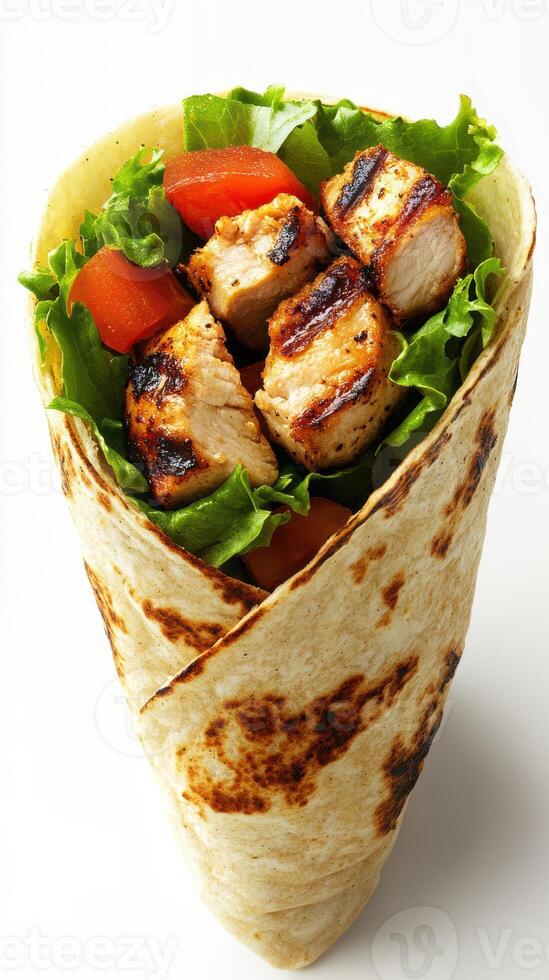 Grilled chicken wrap with fresh vegetables served in a tortilla on a plain background photo