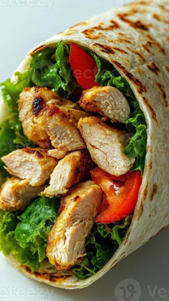 Grilled chicken wrap featuring fresh lettuce and tomatoes served in a soft tortilla for a healthy meal photo