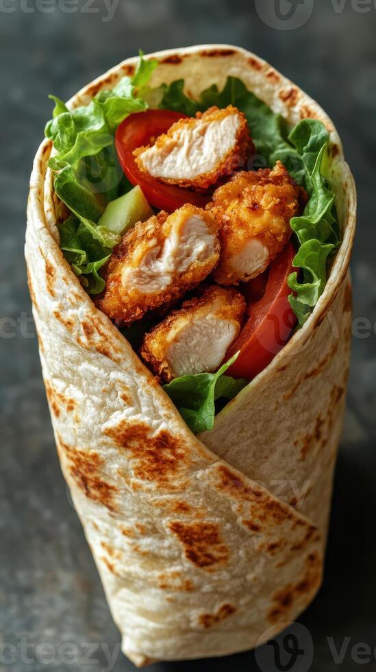 Crispy chicken wrap filled with fresh vegetables and savory ingredients in a soft tortilla photo