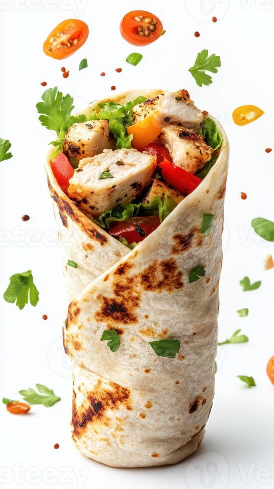 Delicious grilled chicken wrap filled with fresh vegetables and spices for a healthy meal option photo