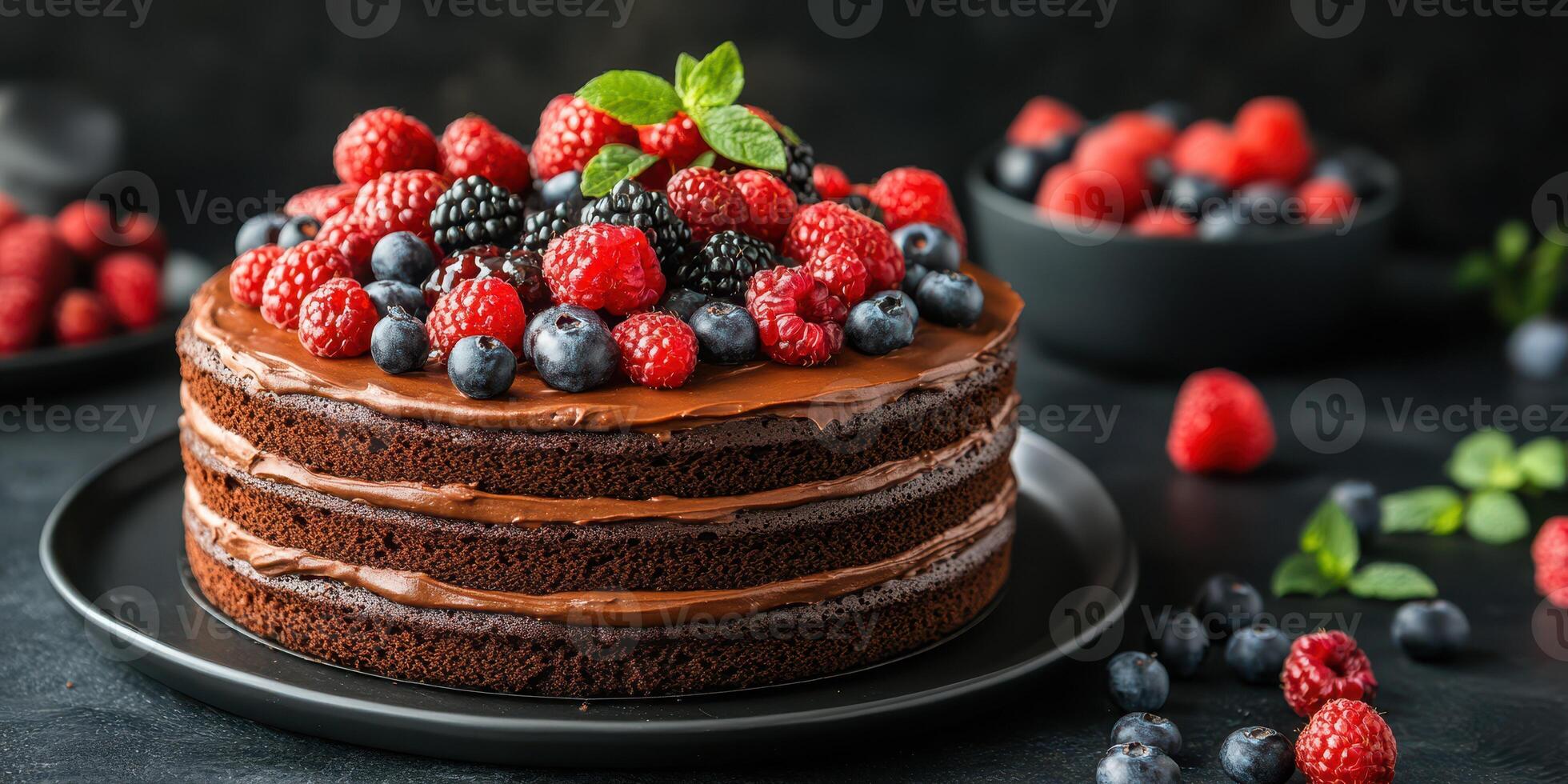 Chocolate cake topped with fresh berries on a dark background at a dessert table photo