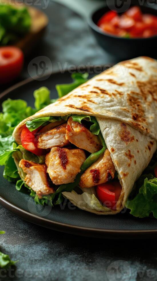 Grilled chicken wrap with fresh vegetables served on a dark plate during lunchtime photo