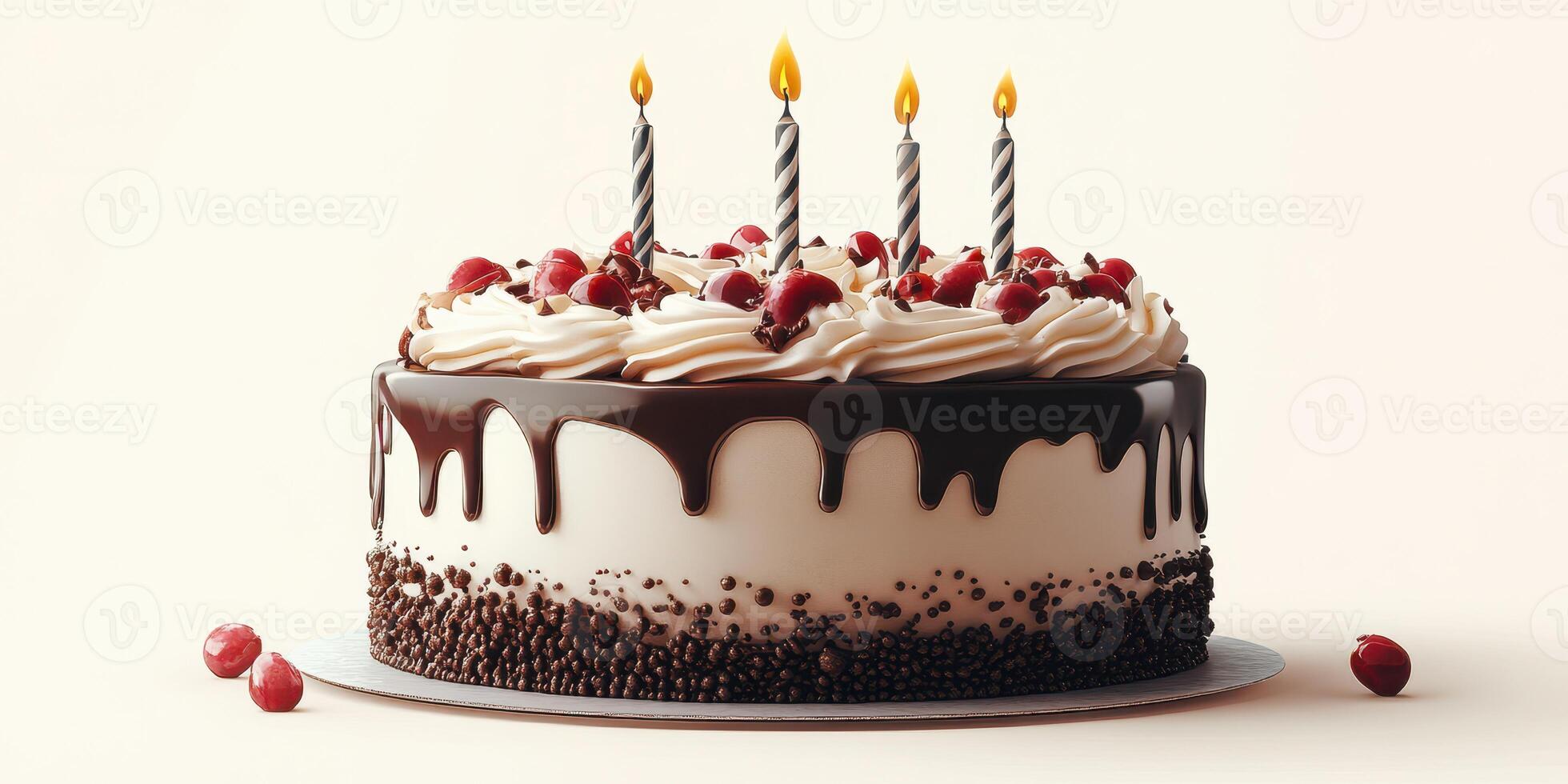 Delicious chocolate cake with candles and cherries for a festive celebration or birthday party photo