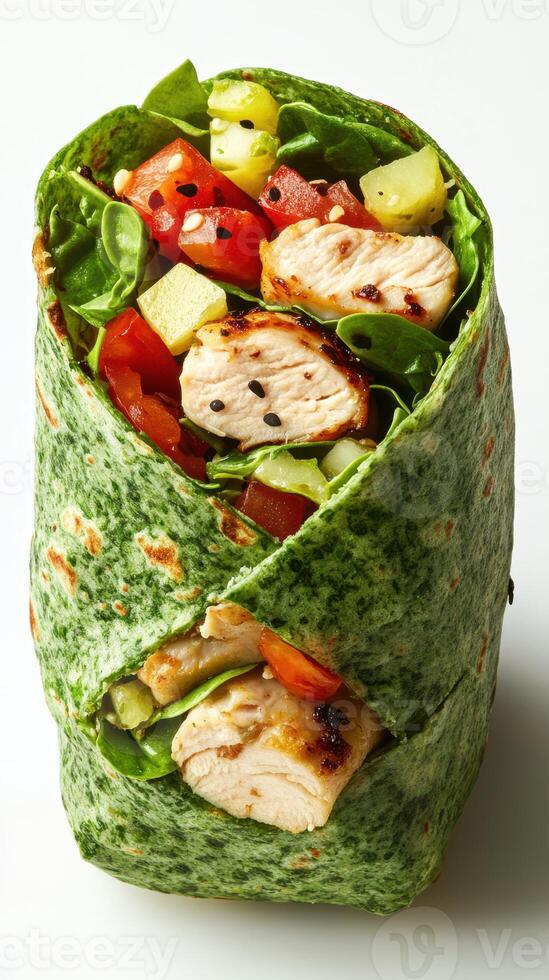 Fresh spinach wrap filled with grilled chicken, vegetables, and sesame seeds served on a white background photo