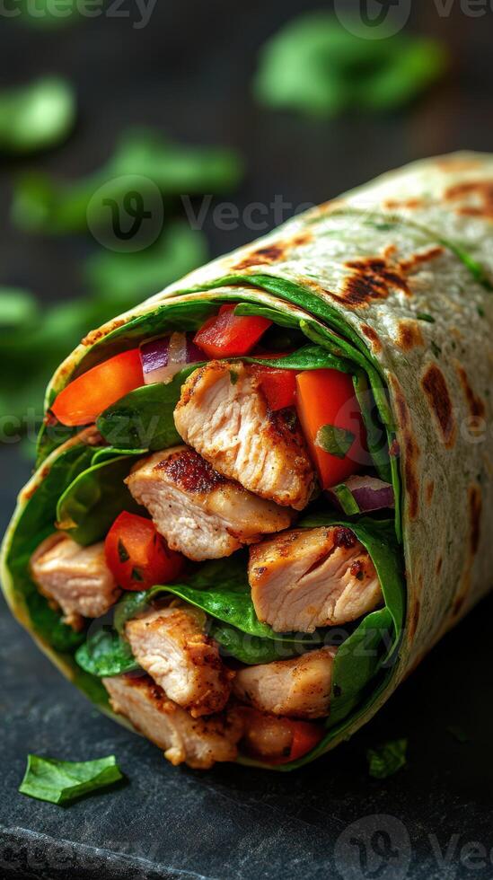 Delicious grilled chicken wrap with fresh vegetables and spinach on a dark background photo
