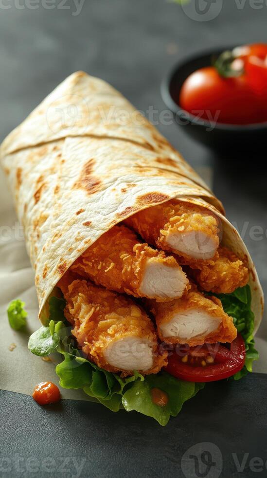 Delicious chicken wrap with crispy tenders, fresh vegetables, and savory sauce served on a dark surface photo