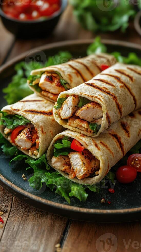 Grilled chicken wraps with fresh vegetables served on a rustic wooden table photo
