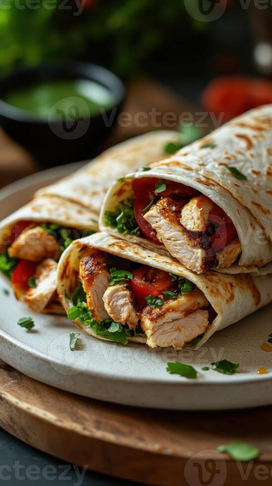 Chicken wraps with fresh vegetables and sauce on a wooden platter in a casual dining setting photo