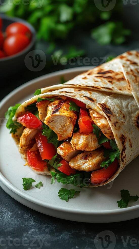 Freshly made grilled chicken wrap with red peppers and cilantro on a plate photo
