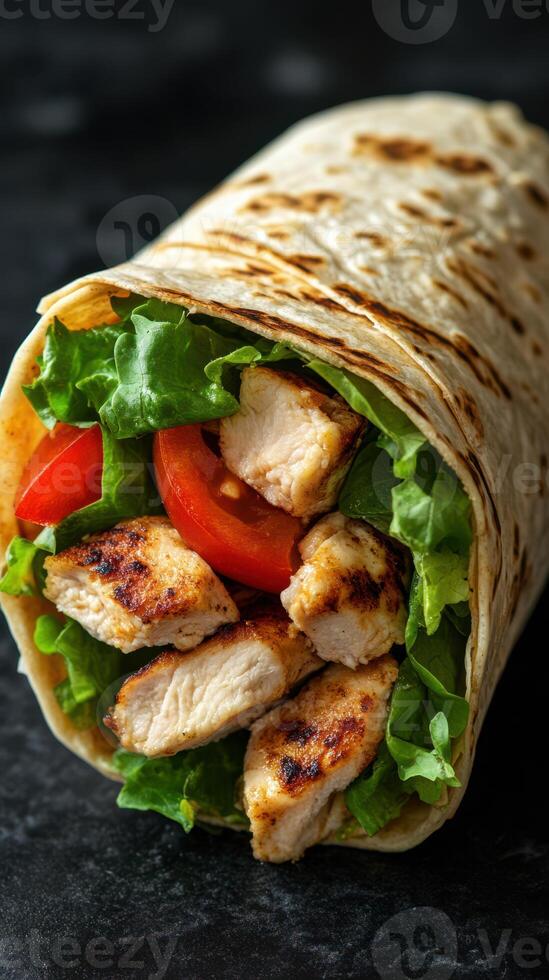 Fresh grilled chicken wrap with lettuce and tomato served on a wooden board photo