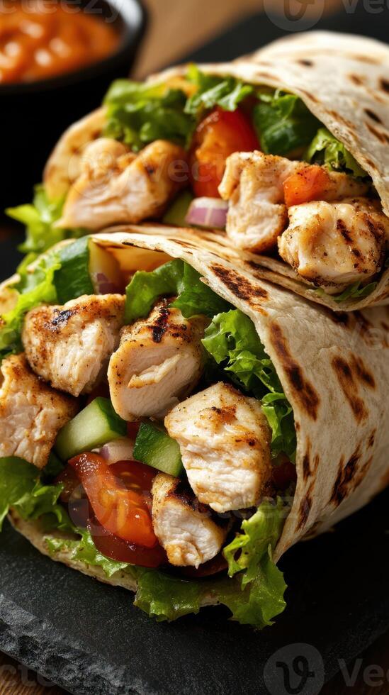 Grilled chicken wraps filled with fresh vegetables, served on a dark stone plate alongside dipping sauce photo