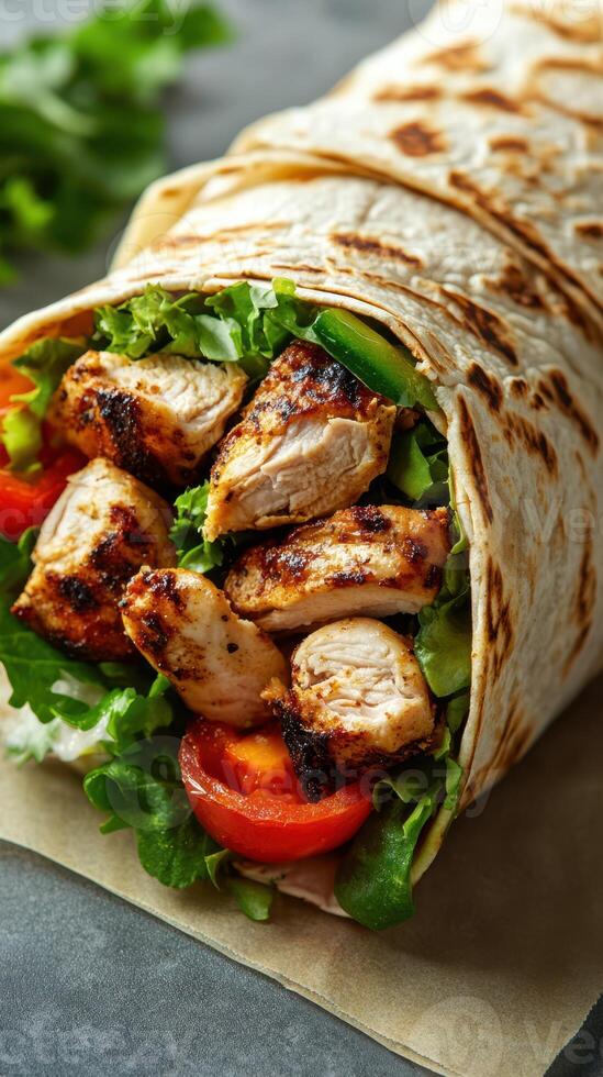 Grilled chicken wrap with fresh vegetables served on a rustic surface during midday photo