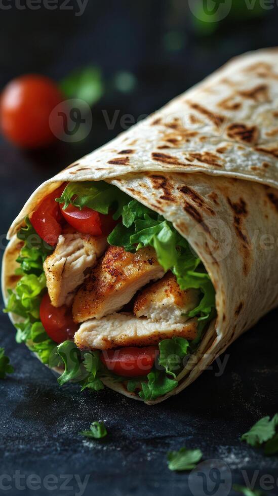 Delicious grilled chicken wrap filled with fresh vegetables enjoyed in a cozy setting photo