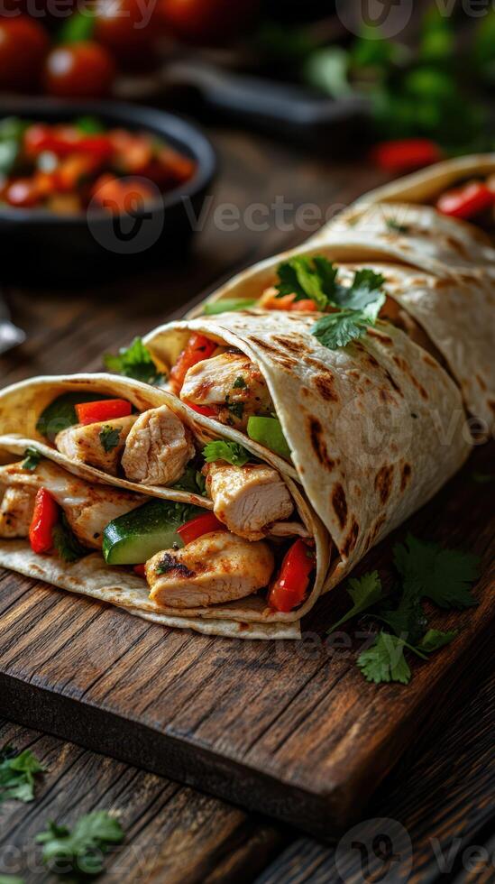 Delicious chicken wrap with fresh vegetables on rustic wooden table photo