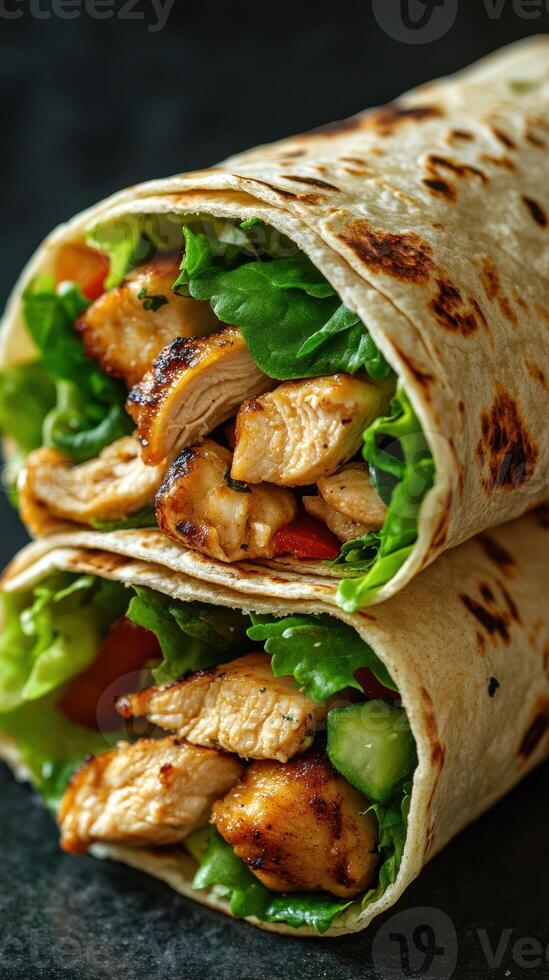 Delicious grilled chicken wraps filled with fresh vegetables served on a dark background photo