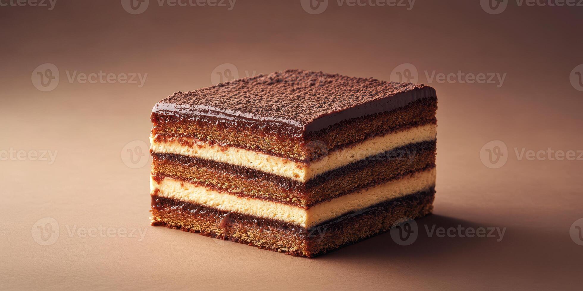 Delicious chocolate layer cake with creamy filling and rich frosting arranged on a simple background photo