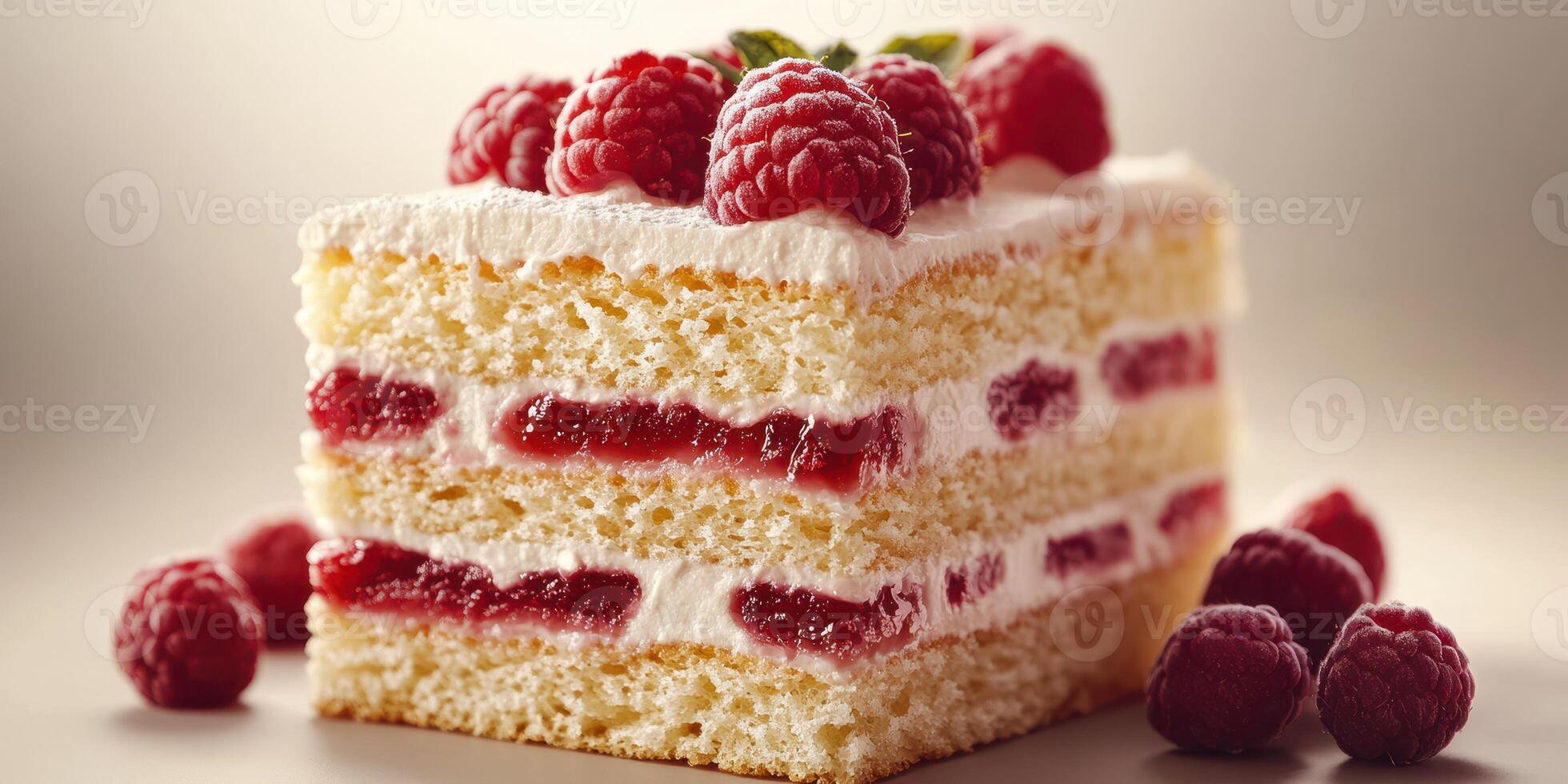 Delicious raspberry cream cake layered with light sponge and fresh berries displays enticing colors and textures photo