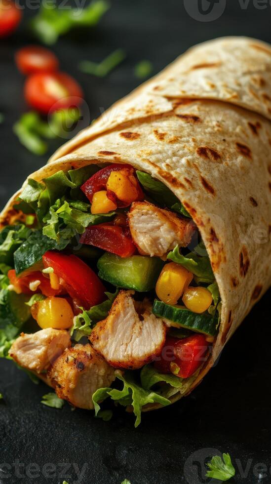 Delicious grilled chicken wrap filled with fresh vegetables and herbs on a textured black background photo