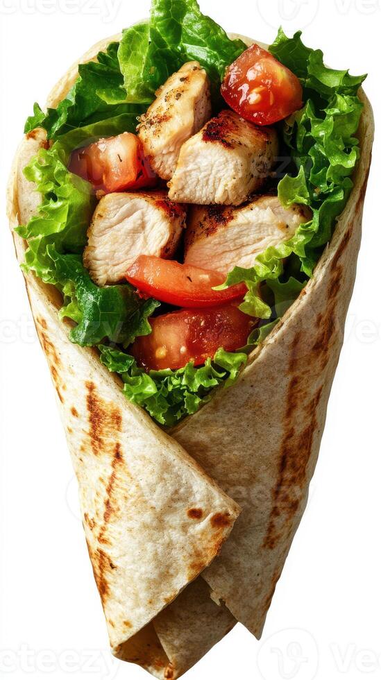 Fresh grilled chicken wrap with crisp lettuce and juicy tomatoes prepared for a healthy lunch option photo