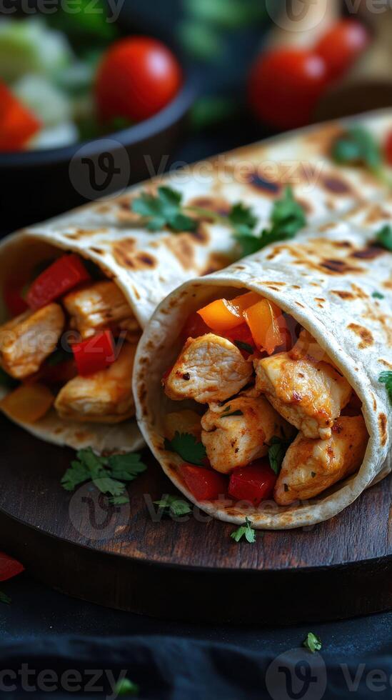 Delicious chicken wraps filled with fresh vegetables on a wooden platter at a cozy kitchen setting photo