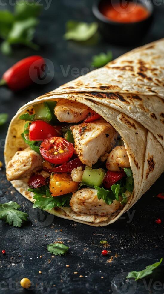 Fresh chicken wrap filled with vegetables and spices served on a dark surface photo
