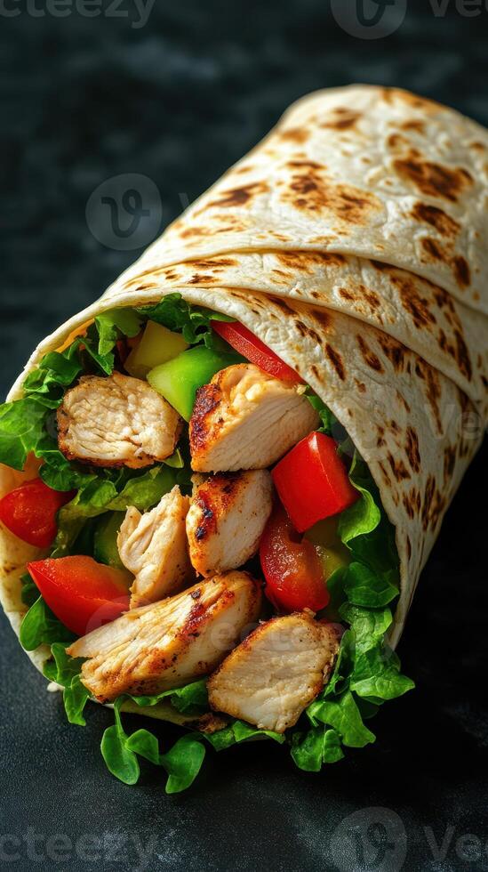 Delicious grilled chicken wrap filled with fresh vegetables, served on a dark background photo