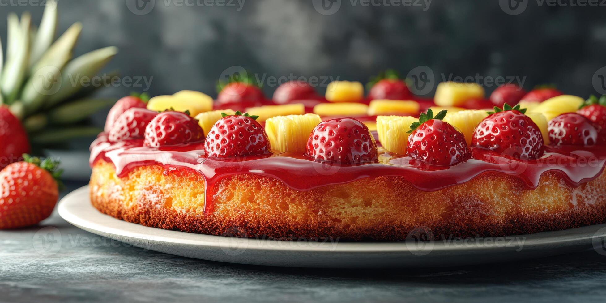 Freshly baked strawberry and pineapple cake with glossy glaze displayed on a round plate photo