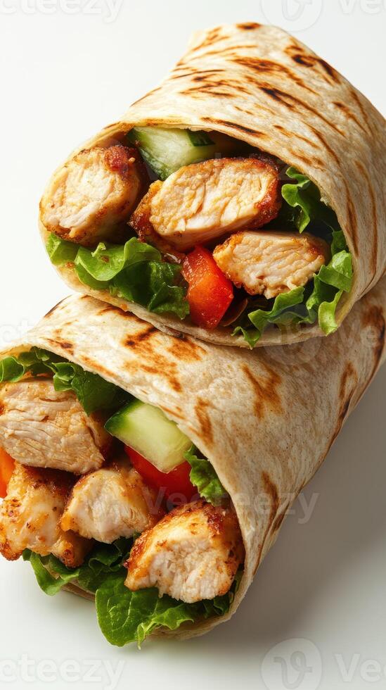 Delicious chicken wrap filled with fresh vegetables presented on a light background photo