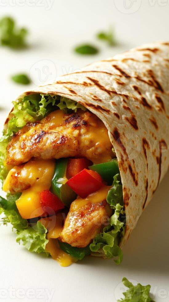 Grilled chicken wrap filled with fresh vegetables and cheese ready to enjoy photo