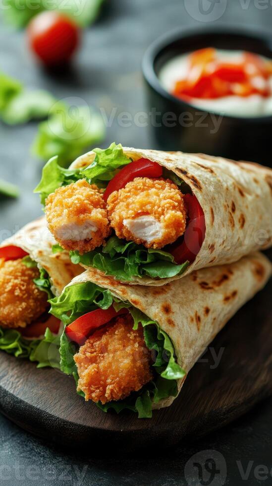 Deliciously crunchy chicken wraps filled with fresh vegetables and served with dipping sauce photo
