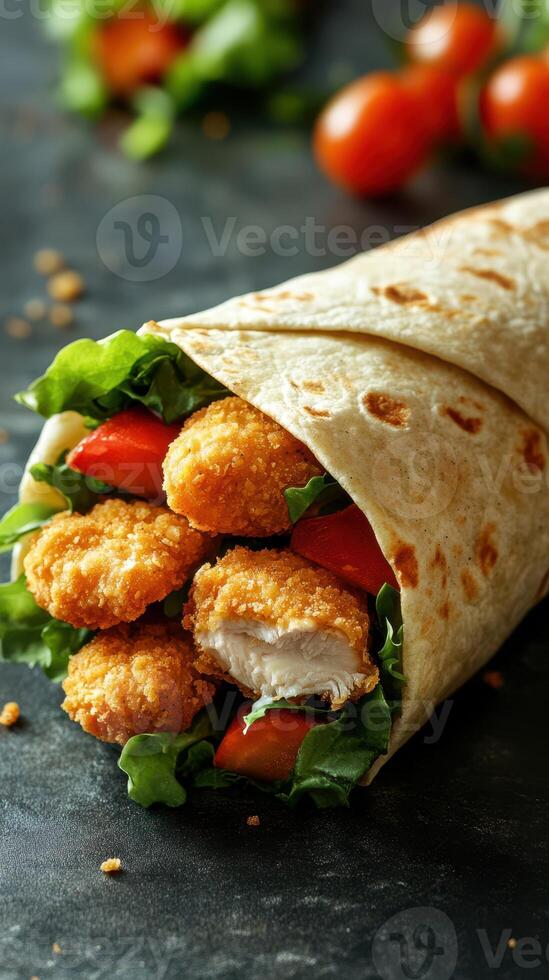 Delicious chicken wrap with crispy bites, fresh vegetables, and soft tortilla ready for a healthy meal photo