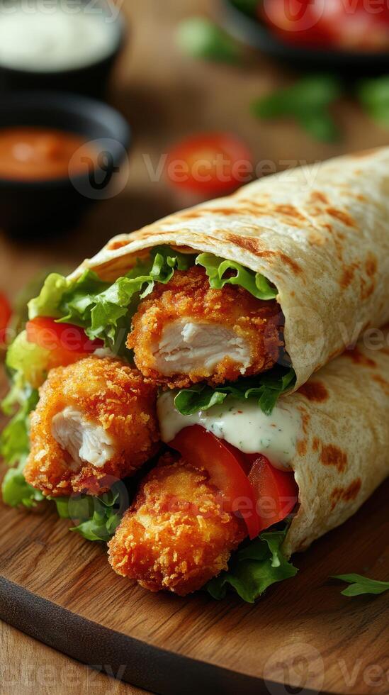 Crispy chicken wrap with fresh vegetables on a wooden platter served with sauce and tomatoes photo