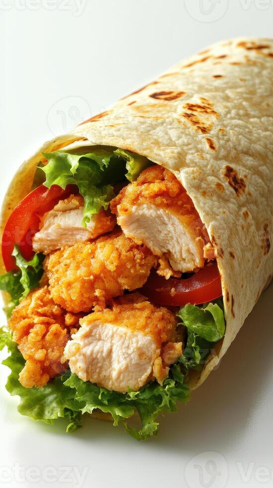 Delicious crispy chicken wrap with fresh lettuce and tomato on a white background photo