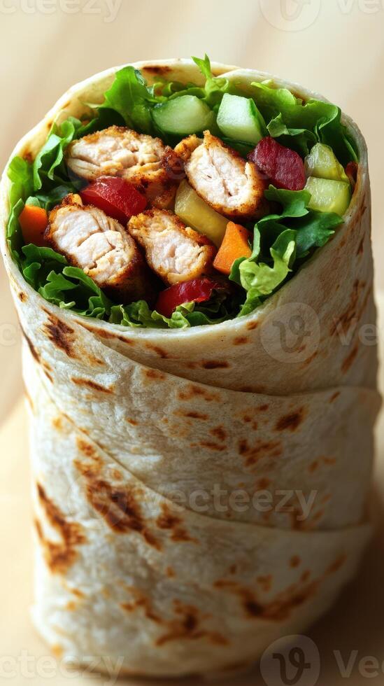 Fresh wrap filled with grilled chicken, crisp vegetables, and vibrant lettuce in a casual dining setting photo