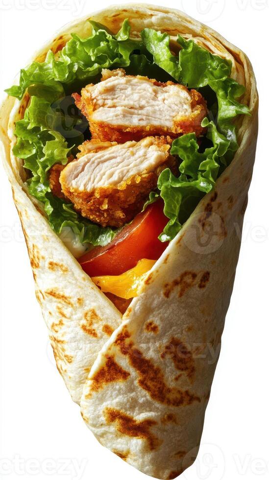 Freshly made wrap with crispy chicken and vibrant vegetables served for lunch photo