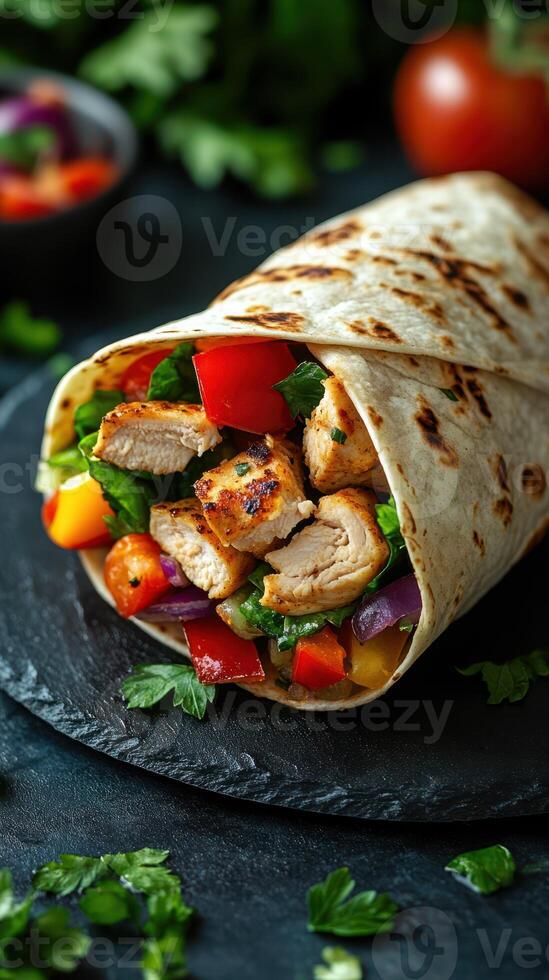 Grilled chicken wrap with fresh vegetables served on a dark stone plate photo
