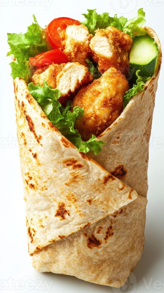 Freshly made wrap filled with crispy chicken, lettuce, tomatoes, and cucumber, showcasing vibrant colors and textures photo