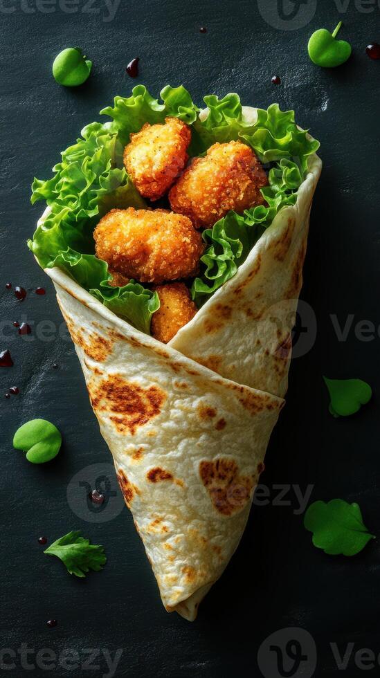 Crispy chicken wrap filled with fresh lettuce and herbs prepared on a dark background at a modern kitchen setting photo