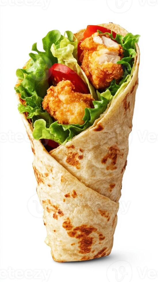 Crispy chicken wrap with fresh lettuce and tomato served in a soft tortilla at a casual dining venue photo