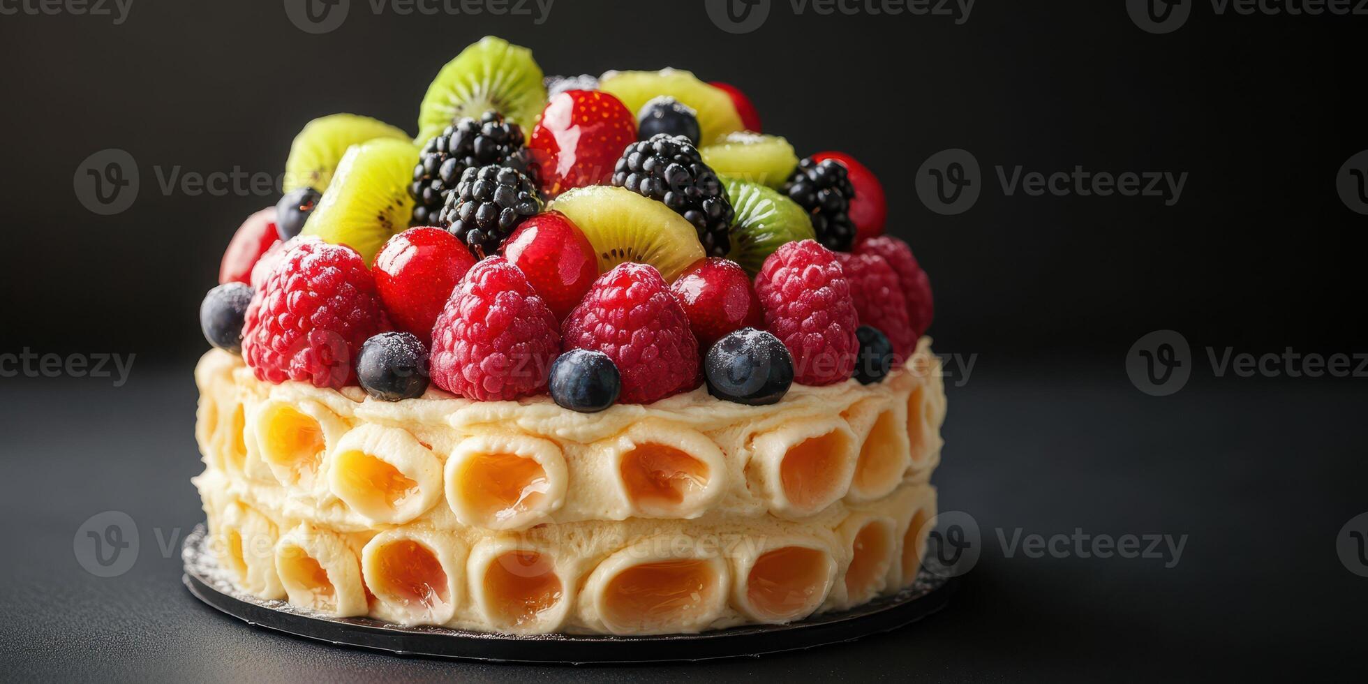 Beautifully decorated fruit cake with layers of waffles and cream topped with an array of colorful berries and kiwis photo