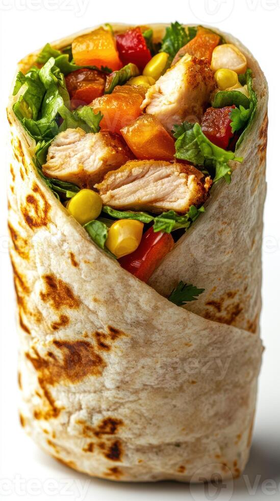 Freshly wrapped chicken and vegetable burrito with vibrant ingredients displayed on a white background photo