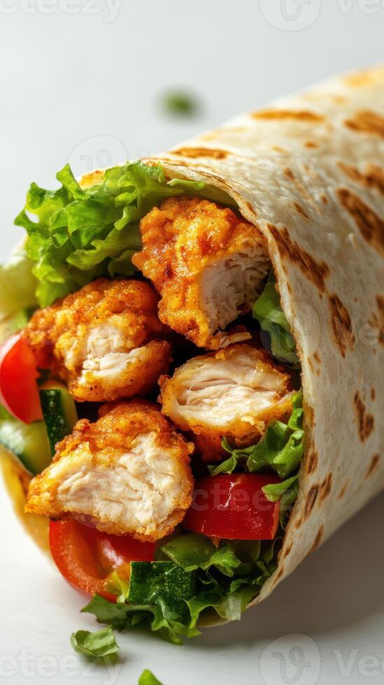 Crispy chicken wrap filled with fresh vegetables served on a clean surface photo