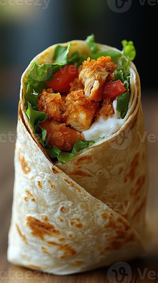 Delicious wrap filled with crispy chicken, fresh greens, and tangy sauce on a wooden table photo