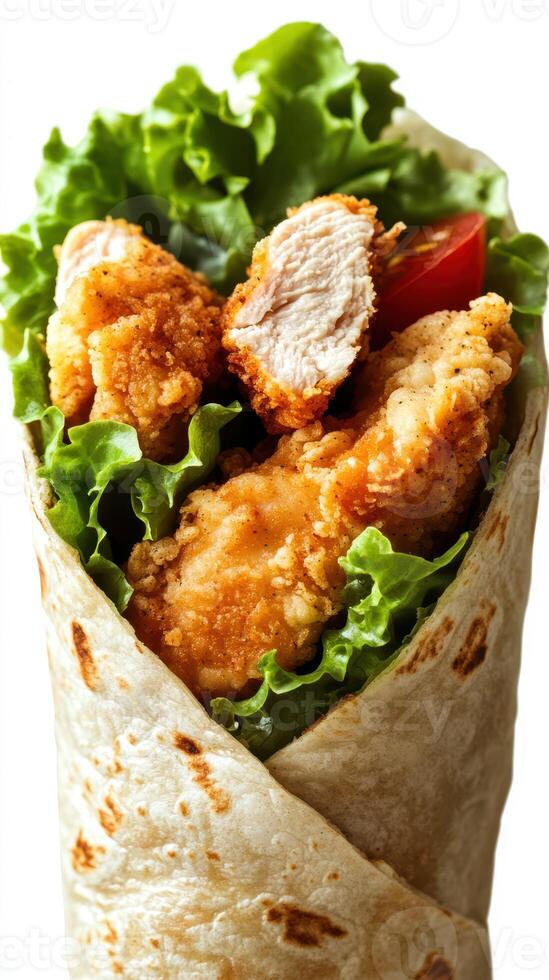Crispy chicken wrap filled with fresh lettuce and tomatoes on a white background photo